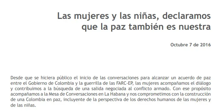 Capturan documento Las mujeres y las niñas, declaramos que la paz también es nuestra