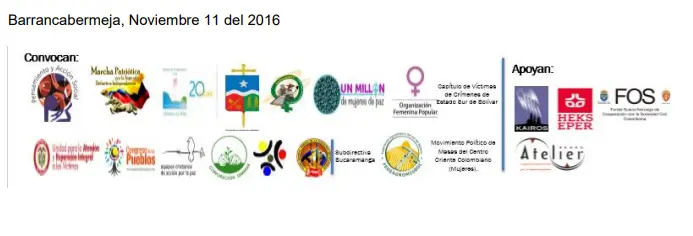 Logos Participantes declaración del encuentro de mujeres memoria y agendas territoriales para la Paz. Barrancabermeja, Noviembre 11 del 2016.
