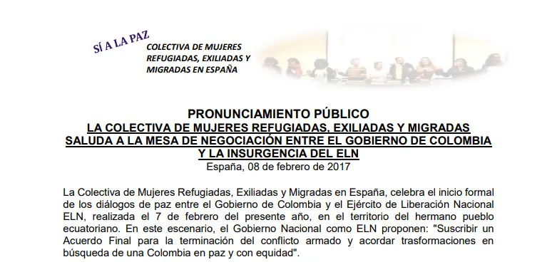 Captura documento saludo de la Colectiva Exiliadas, Refugiadas, Migradas de la negociaciones del Gobierno de Colombia con el ELN, 2017