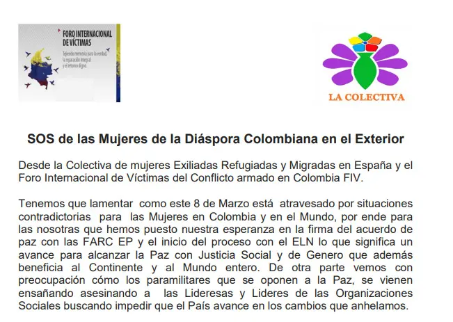 Captura documento SOS de las mujeres de la diáspora colombiana en el exterior.
