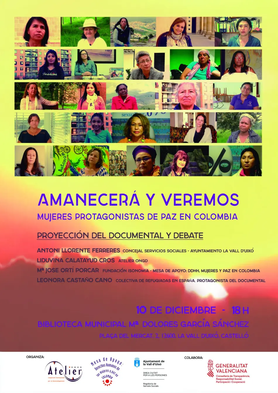Cartel presentación documental "Amanecerá y veremos. Mujeres protagonistas de paz en Colombia" en Vall d'Uixó.