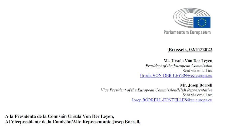 Captura carta al Parlamento Europeo solicitando apoyo implementación proceso de Paz en Colombia, 2022