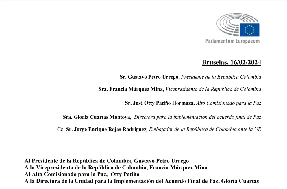 Captura carta europarlamentarias solicitan Gobierno de Colombia aceleración de implementación de medidas de género