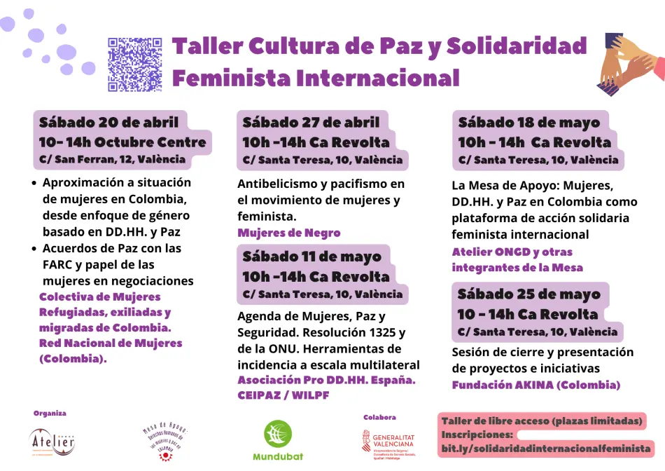 Cartel Taller Cultura de Paz y Solidaridad feminista internacional
